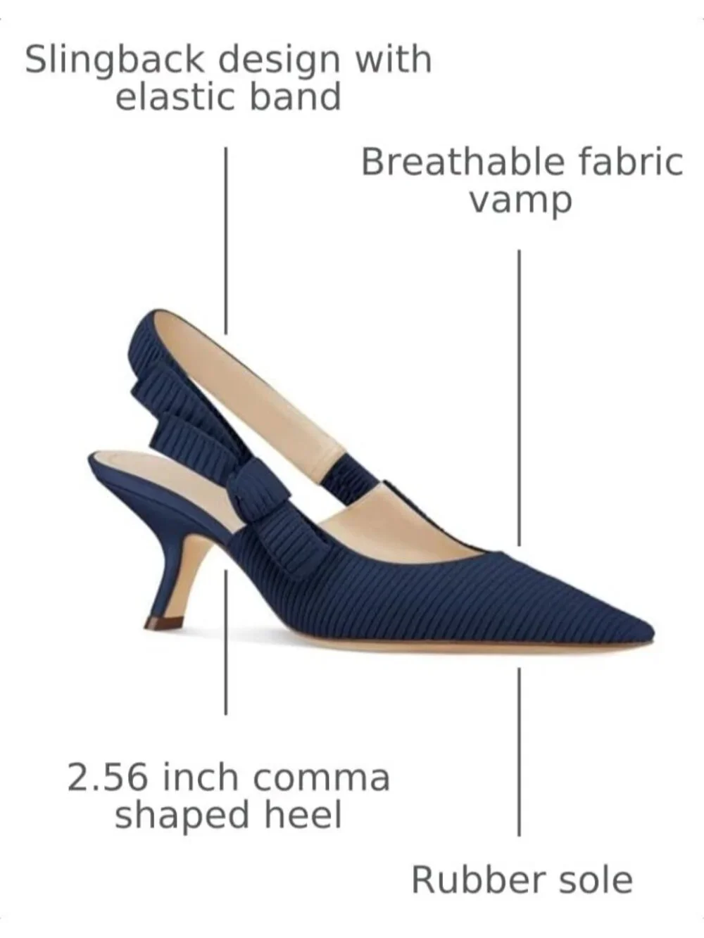Women's Navy Slingback Kitten Heels Closed Pointed Toe Bowknot Slip On Pumps